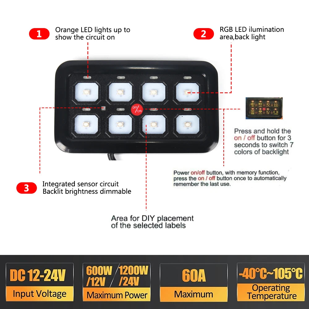 6/8 Gangs Universal LED Switch Panel 12V Light On-Off Control Relays System Slim Electronic Relay System for SUV Boat Caravan